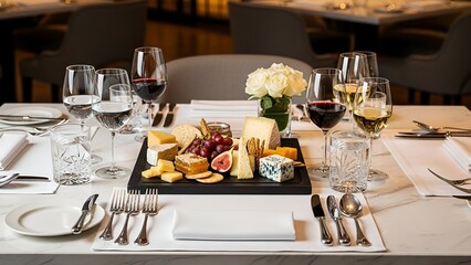 A high-end, luxury restaurant setting featuring a premium cheese selection and wine on a polished marble table.