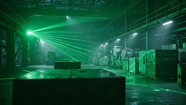 Warehouse interior featuring laser beams illuminating stacked boxes, offering a dramatic effect. Green laser beams light boxes stored in factory, creating mystery and intrigue.