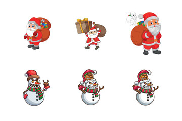A cute cartoon set illustration shows Santa Claus with reindeer, Christmas balls, and a snowman decoration, a cheerful winter holiday vector design