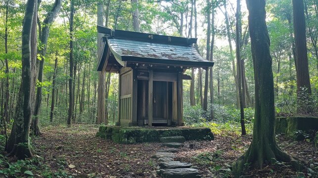 Ancient Japanese Shrine Nestled in a Serene, Sun-Dappled Forest with Mossy Stones - Powered by Adobe