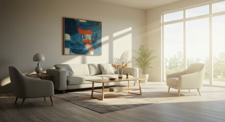 Obraz premium Bright Modern Living Room With Large Windows and Abstract Art