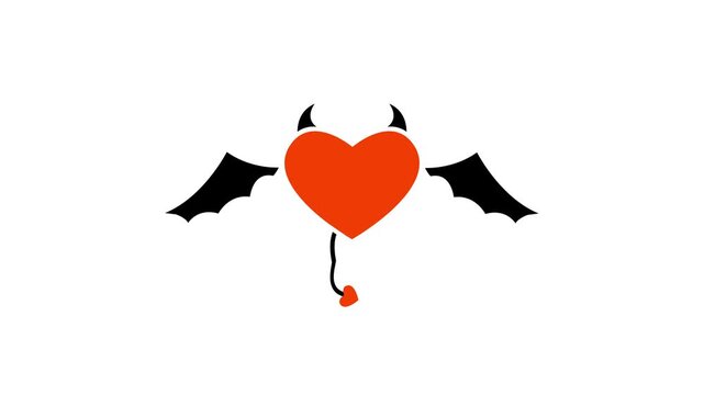 Devil or demon heart white silhouette icon . Heart with devil horns, tail and wings. l horns and tail bad toxic love, or a difficult relationship,