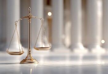 A golden balance stands in a legal environment, representing justice and fairness in legal contexts.