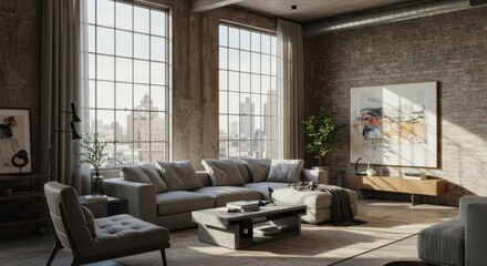 Modern loft living space with large windows and comfortable furniture