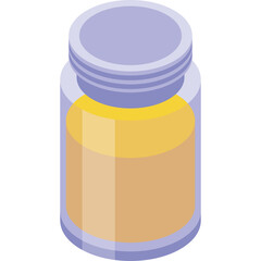 Isometric illustration of a clear glass jar with a pale blue screw top lid filled with a translucent yellow liquid centered against a transparent background 