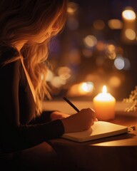 Philosophical design idea - Serene Woman Writing by Candlelight in Cozy Atmosphere - symbolic concept