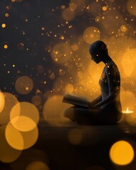 Modern gradient abstraction - Serene Silhouette Reading Amidst Golden Bokeh Lights - abstract composition