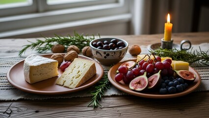 A rustic and earthy table setting featuring artisanal cheese, fresh grapes, and figs served on clay plates on a rough wooden table.