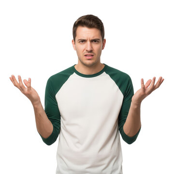Confused young man with raised hands expressing uncertainty and questioning emotion