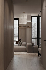 A stylish hallway with clean lines, modern furniture, and a neutral color palette.