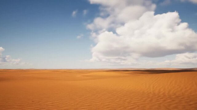Dry desert landscape showcasing vast expanse under blue sky. Desert land stretches to horizon, punctuated by single billowing cloud. This dry desert landscape image conveys solitude,