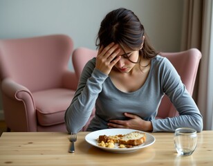 A woman seated at a table, showcasing a moment of disfort or concern, She is dressed in a long sleeved, gray top with a slight scoop neckline, and her face is not visible