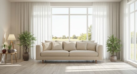Bright Living Room With Comfortable Sofa And Large Windows