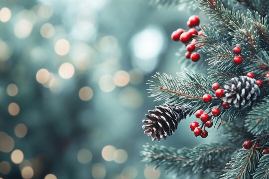Festive composition with fir branch, cone and scarlet berries on blurred background with twinkling lights. Cozy winter atmosphere for Christmas design. Copy space