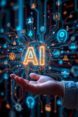 Futuristic concept of artificial intelligence and large language models (LLM) with glowing AI icons and human hand interface. Innovation in machine learning and digital transformation.