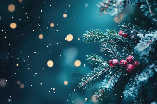Close-up of snow-covered fir branch with scarlet berries on dark turquoise background with bokeh effect and sparkling particles. Winter fairy tale composition for festive design. Copy space