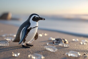 Fototapeta premium A penguin stands on a beach with plastic bottles scattered around, highlighting environmental pollution issue.