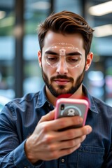 Man using smartphone with facial recognition login and virtual interface for secure access. Concept of biometrics technology, cybersecurity, mobile authentication, digital identity.