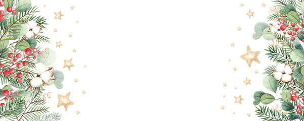 Festive Christmas greenery, red winter berry,, cedar, emerald pine, spruce watercolor border frame. Winter chic wedding or new year party invitation card. Hand drawn . Isolated on white