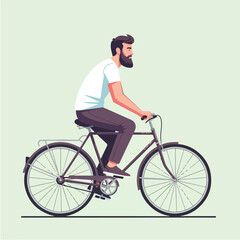 Obraz premium Bearded man riding a bicycle on a light green path, enjoying the fresh air and exercise on a pleasant day.