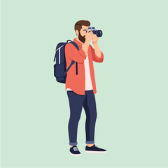 Bearded man with backpack takes photo in studio using professional camera, capturing a moment with focus and precision, showcasing modern lifestyle.