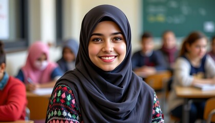 Portrait of smiling muslim teen student at school.