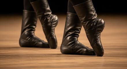 Close-up of ballet dancers' feet in black boots on wooden stage