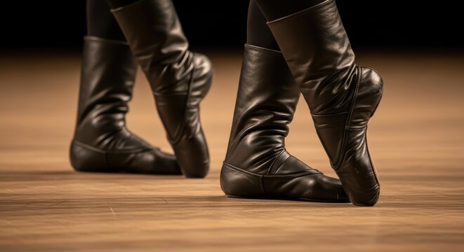 Close-up of ballet dancers' feet in black boots on wooden stage