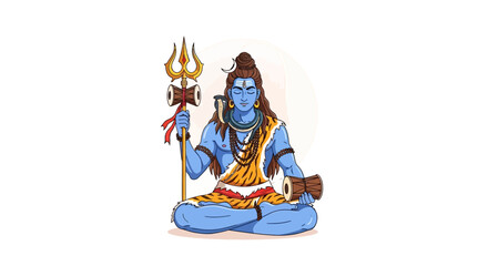 Fototapeta premium Illustration of a blue-skinned Hindu deity sitting cross-legged while holding a trident against a plain white background with a serene mood.