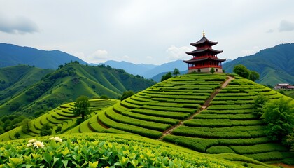 A traditional Chinese pagoda stands atop a lush green tea plantation on a terraced hillside in Enshi City, China, under a partly cloudy sky.
