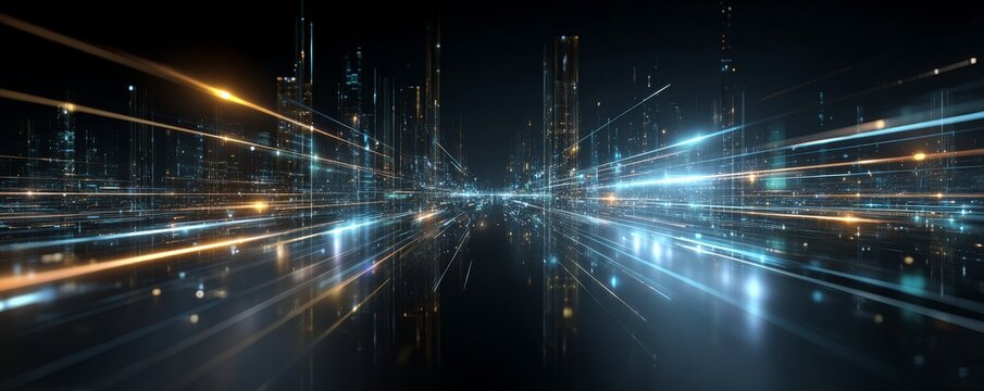 A futuristic cityscape illuminated with glowing light trails showcasing advanced technological elements and digital connectivity.