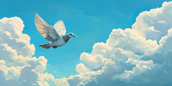 Peaceful dove soaring amidst fluffy clouds in a clear sky.