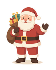 Santa Claus with gift bag — flat vector illustration. Cute Santa Claus in red suit holding a big sack with gifts. Perfect for Christmas and New Year projects.