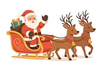 Santa Claus riding sleigh with reindeer — flat vector illustration. Santa Claus riding a sleigh pulled by reindeer, carrying a bag full of gifts. Illustration for Christmas and New Year designs.