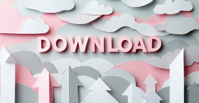 Papercraft illustration depicts DOWNLOAD text above pink, gray cityscape. Clouds float within composition, suggesting digital access.