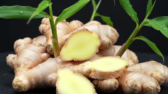Fresh sliced ginger root with green leaves on black background, for cooking or health