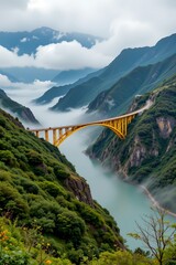 Yellow bridge spans a misty mountain valley at Yichang City, China, connecting steep green slopes across a vast, cloudy expanse creating a dramatic scene of nature and engineering.