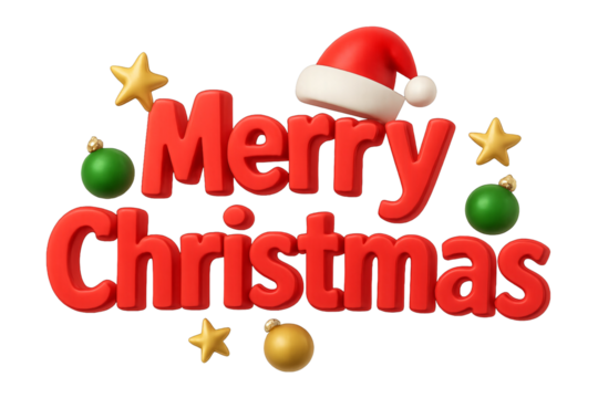 Festive red lettering with Christmas ornaments isolated on a transparent background