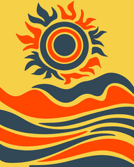 Sun and landscape retro artwork clip art illustration vector poster layout print art editable