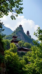 Dahong Mountain structures ascend toward the sky in Suizhou, China, with lush green trees surrounding the ancient architecture.