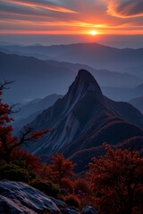 Dahong Mountain China vista shows sunset glow over a quiet peak.