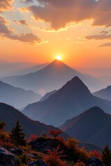 Dahong Mountain China vista shows sunset glow over a quiet peak.