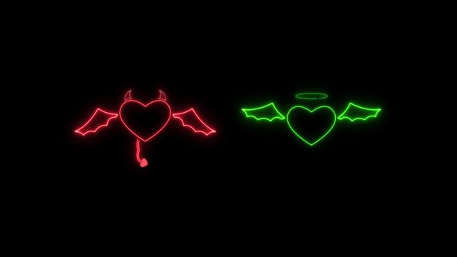 Neon devil heart .Angel's and daemon's hearts with wings . evil heart neon emotive shines brightly in a dark setting black background .