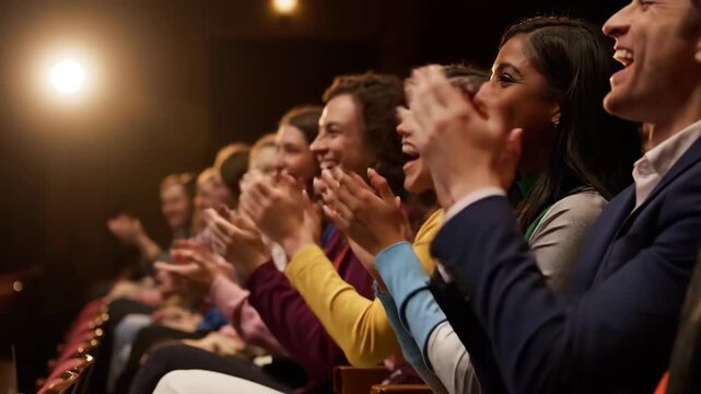 Captivated audience enjoying live performance and clapping hands in theater. Live performance enthralls viewers with actors on stage and spotlights for dramatic show.