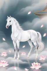 Naklejka premium Divine white horse amid glowing lotus petals in mist