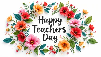 Happy teachers day greeting with a floral wreath and text in the center isolated on transparent background.