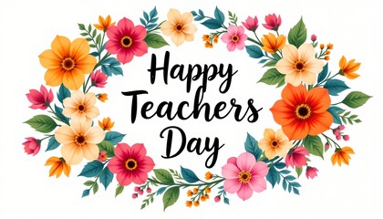 Happy teachers day greeting with a floral wreath and text in the center isolated on transparent background.