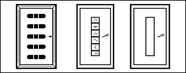 Set of three high-contrast icons illustrating diverse modern door styles: a full-glass door with visible hardware, a solid double door (one panel black, one white) with a recess handle, and a single.