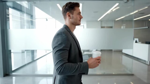 Man walking, enjoying coffee in office building, perfect example of business lifestyle. Man walking with confidence through modern office,