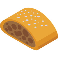 Isometric illustration of a golden pastry filled with dark brown chocolate chips against a transparent background